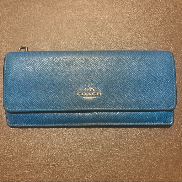 Coach Women's Leather Slim Envelope Flap Long Wallet Teal 8”x4” - Picture 1 of 14